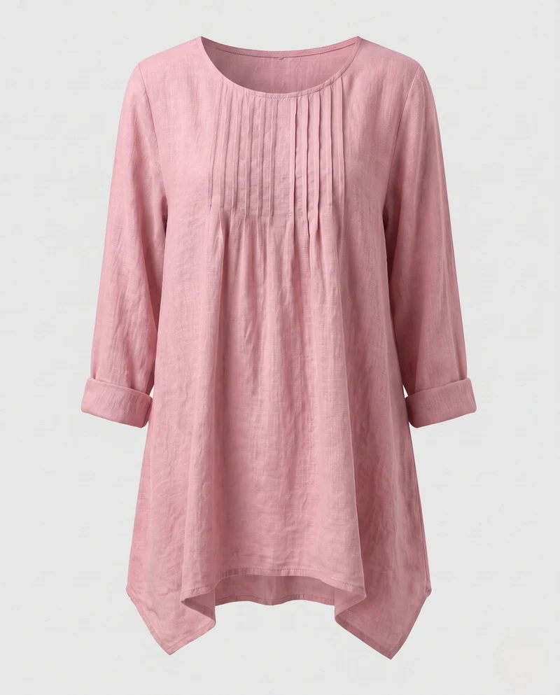Damen lockeres Tunika-Shirt im Leinen-Look mit Falten und seitlichem Saum Nord Taschen
