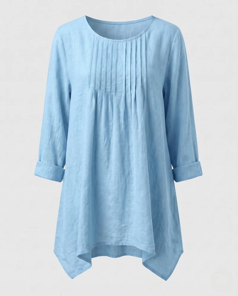 Damen lockeres Tunika-Shirt im Leinen-Look mit Falten und seitlichem Saum Nord Taschen