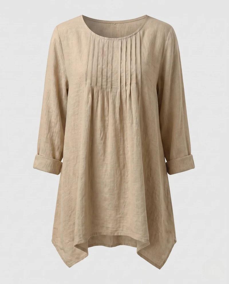 Damen lockeres Tunika-Shirt im Leinen-Look mit Falten und seitlichem Saum Nord Taschen