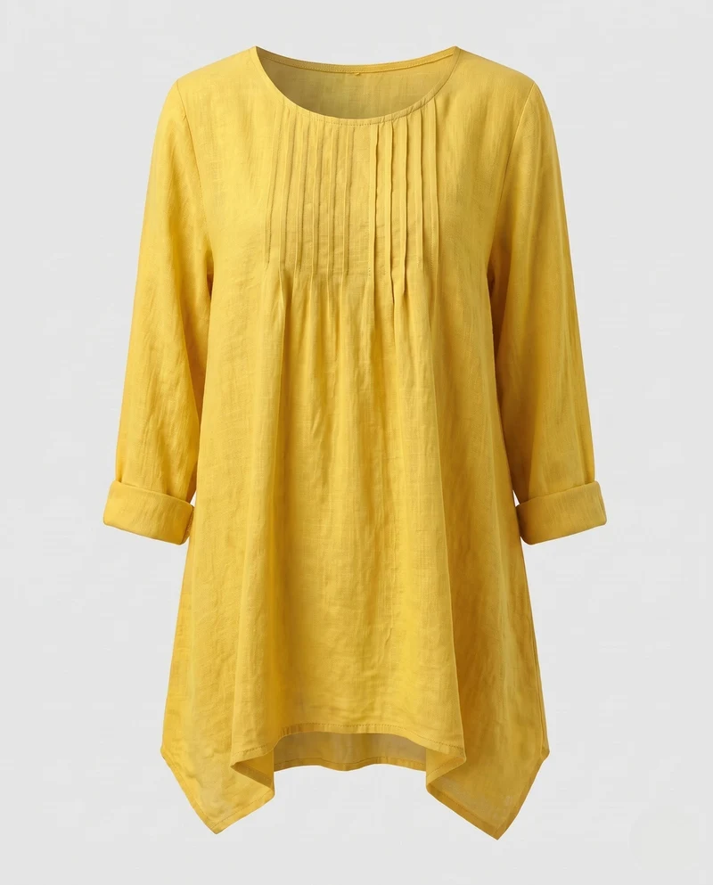 Damen lockeres Tunika-Shirt im Leinen-Look mit Falten und seitlichem Saum Nord Taschen