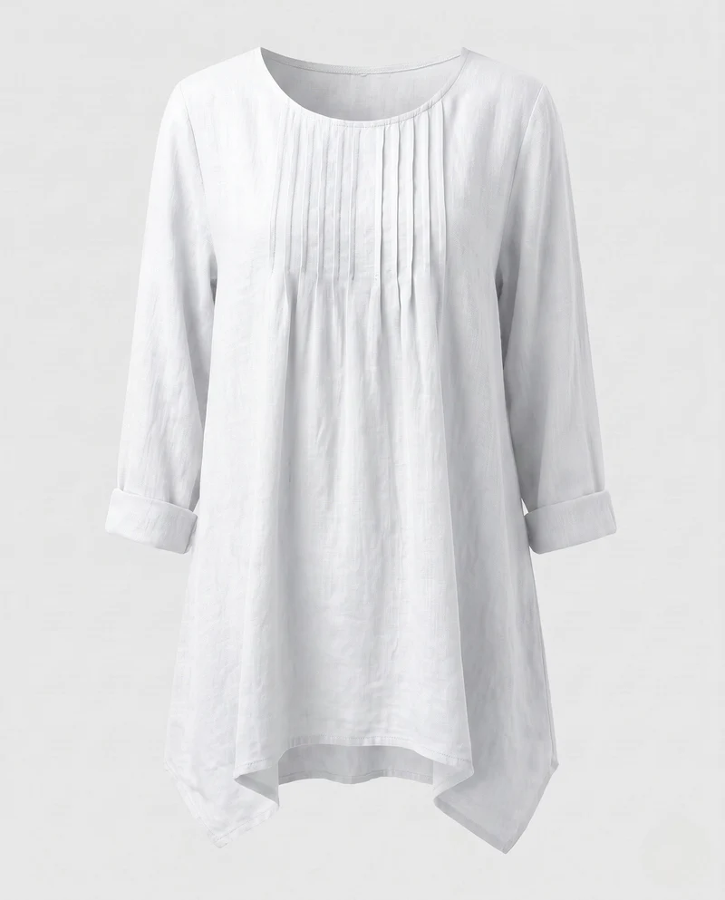 Damen lockeres Tunika-Shirt im Leinen-Look mit Falten und seitlichem Saum Nord Taschen