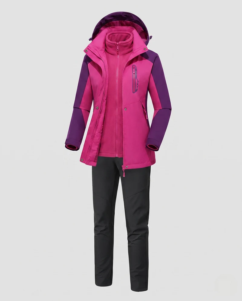 Damen multifunktionale Softshell Outdoorjacke Set mit Fleece-Innenjacke und funktionalen Hosen Nord Taschen