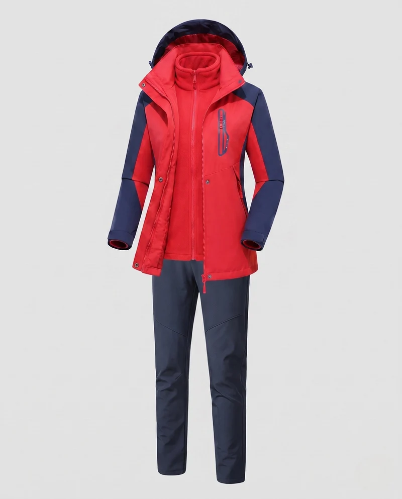 Damen multifunktionale Softshell Outdoorjacke Set mit Fleece-Innenjacke und funktionalen Hosen Nord Taschen