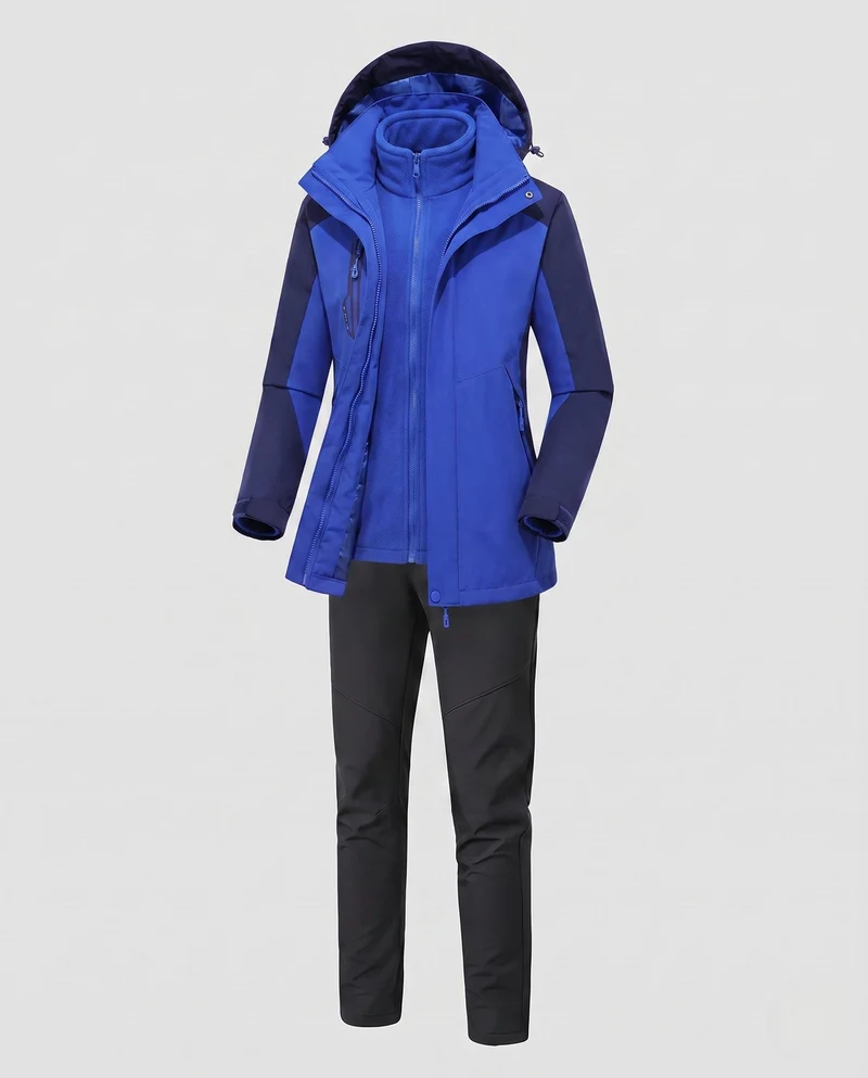 Damen multifunktionale Softshell Outdoorjacke Set mit Fleece-Innenjacke und funktionalen Hosen Nord Taschen
