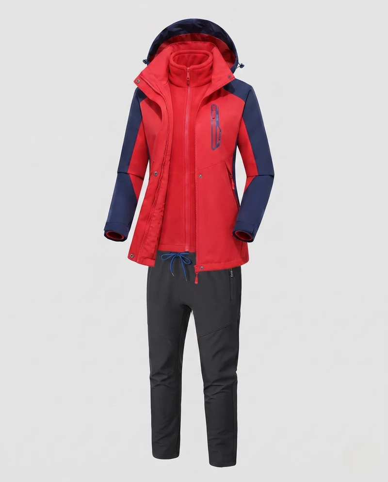 Damen multifunktionale Softshell Outdoorjacke Set mit Fleece-Innenjacke und funktionalen Hosen Nord Taschen