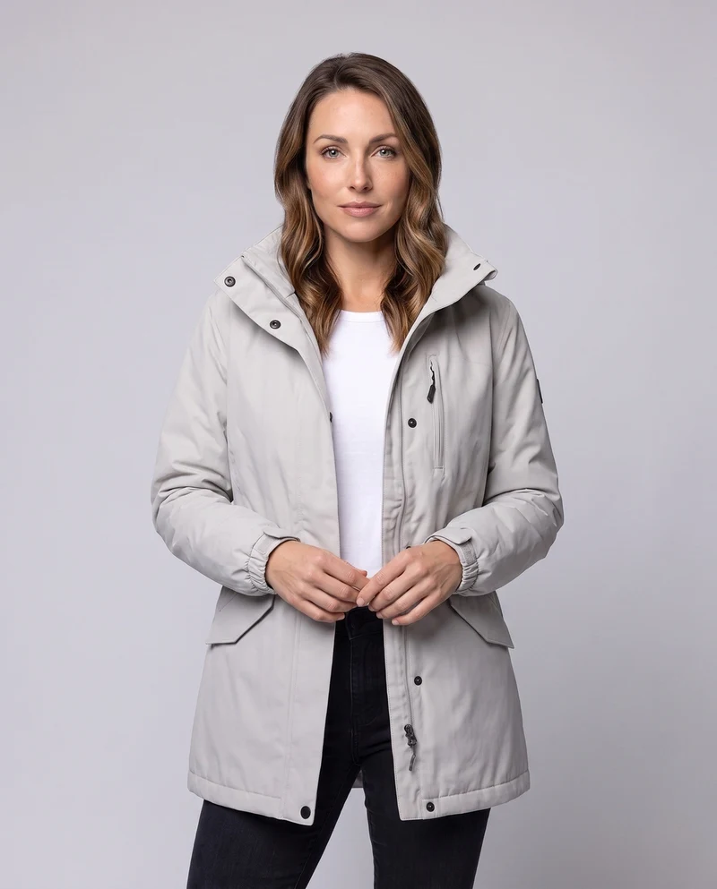 Damen Leichter Wasserdichter Parka mit Kapuze, Stehkragen und Taillierter Passform Nord Taschen