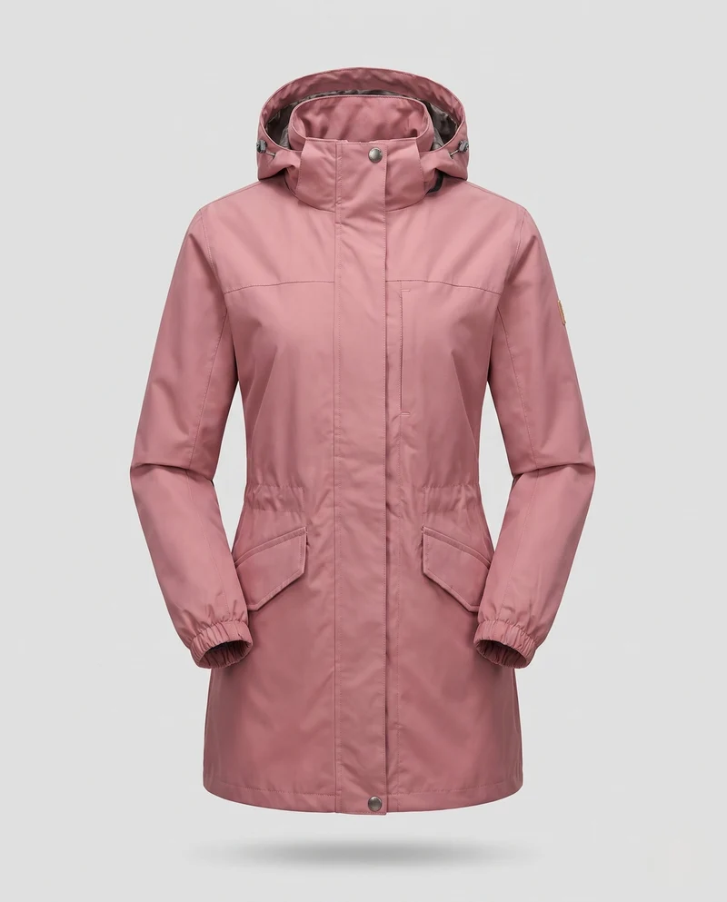 Damen Leichter Wasserdichter Parka mit Kapuze, Stehkragen und Taillierter Passform Nord Taschen