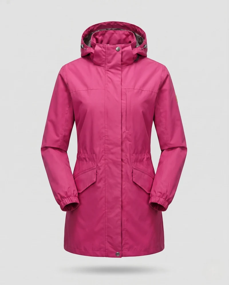 Damen Leichter Wasserdichter Parka mit Kapuze, Stehkragen und Taillierter Passform Nord Taschen