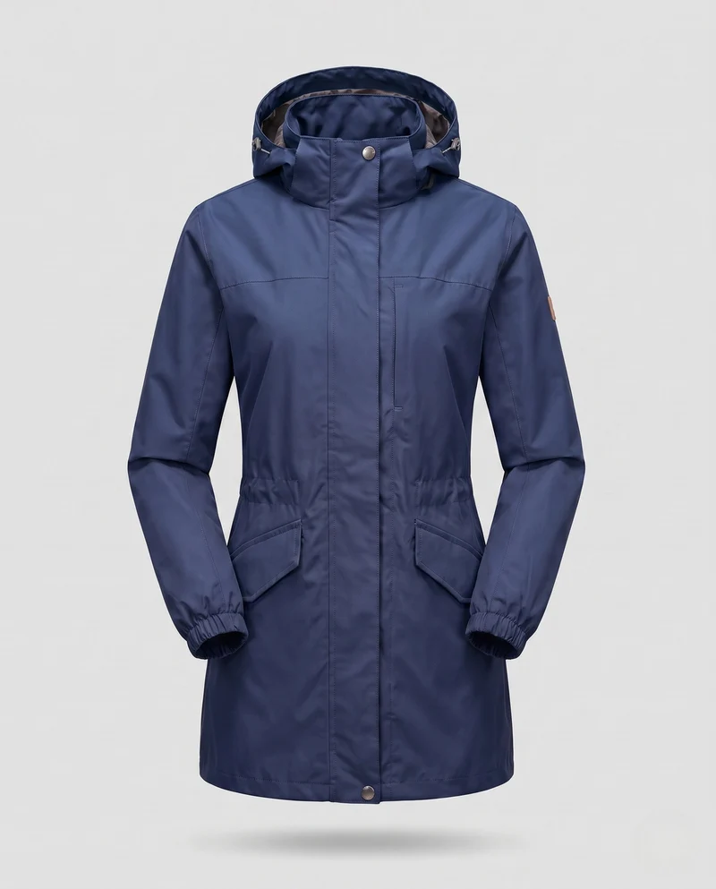 Damen Leichter Wasserdichter Parka mit Kapuze, Stehkragen und Taillierter Passform Nord Taschen