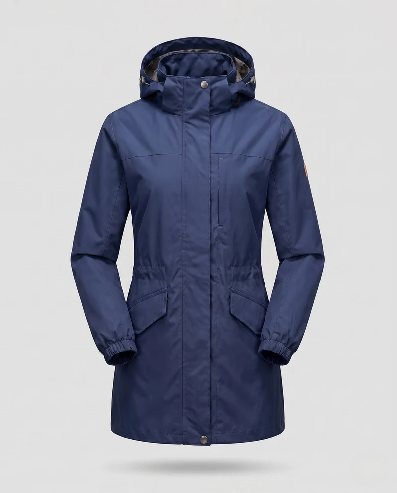 Damen Leichter Wasserdichter Parka mit Kapuze, Stehkragen und Taillierter Passform Nord Taschen
