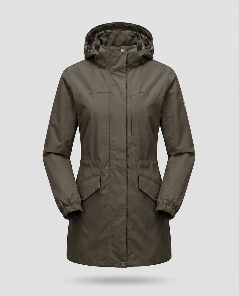 Damen Leichter Wasserdichter Parka mit Kapuze, Stehkragen und Taillierter Passform Nord Taschen