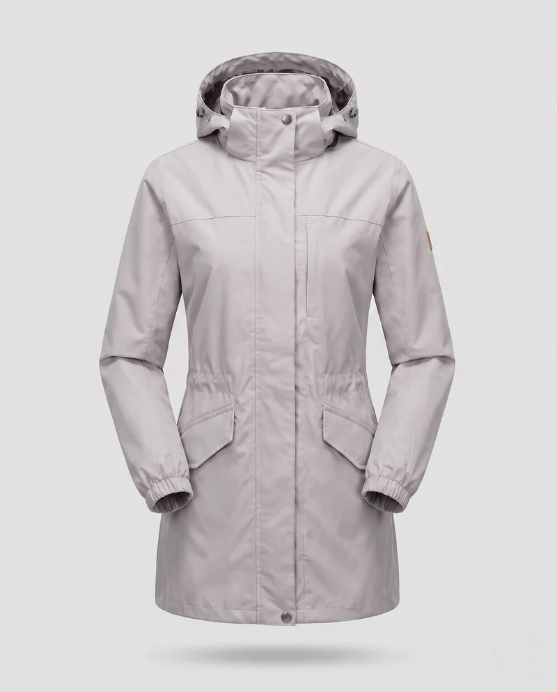 Damen Leichter Wasserdichter Parka mit Kapuze, Stehkragen und Taillierter Passform Nord Taschen