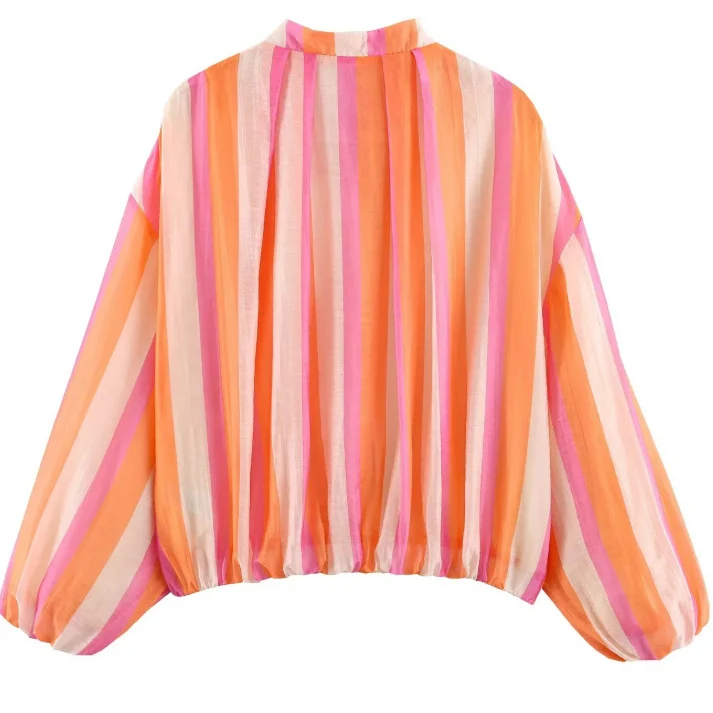 Damen Gestreifte Cropped Blousonjacke mit Stehkragen, Reißverschluss und Ballonärmeln Nord Taschen