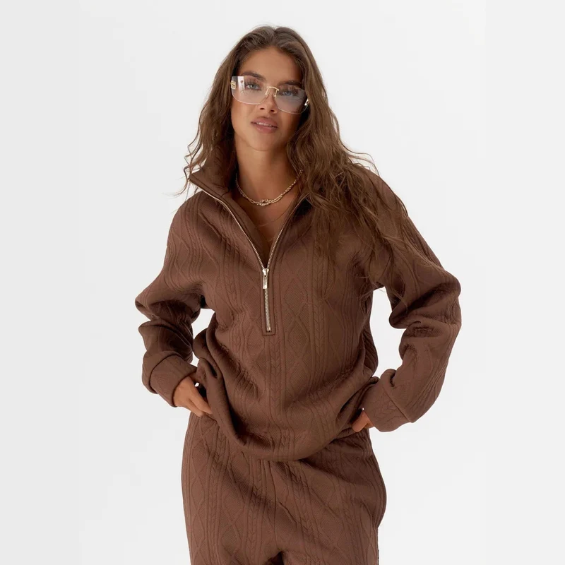 Damen Zopfstrick-Lounge-Set mit halbem Reißverschluss und hochtaillierter Jogginghose Nord Taschen