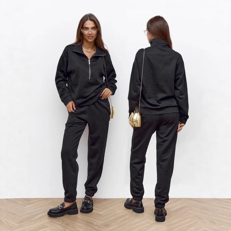 Damen Zopfstrick-Lounge-Set mit halbem Reißverschluss und hochtaillierter Jogginghose Nord Taschen