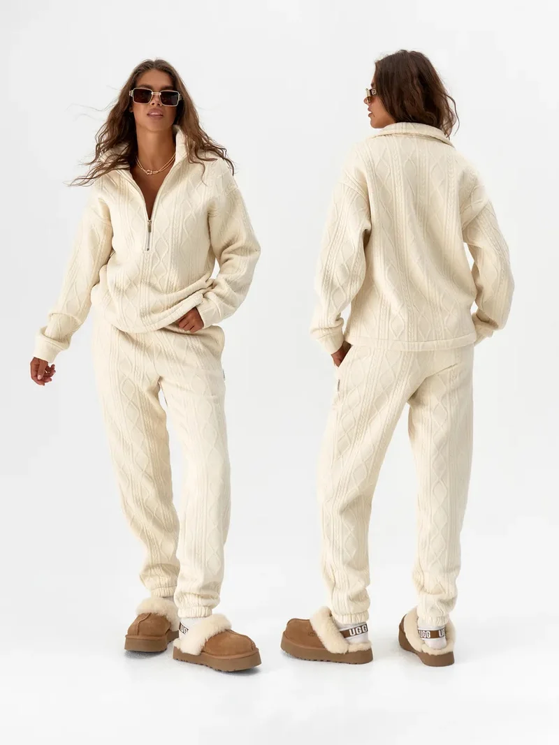 Damen Zopfstrick-Lounge-Set mit halbem Reißverschluss und hochtaillierter Jogginghose Nord Taschen