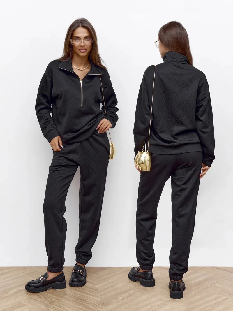 Damen Zopfstrick-Lounge-Set mit halbem Reißverschluss und hochtaillierter Jogginghose Nord Taschen