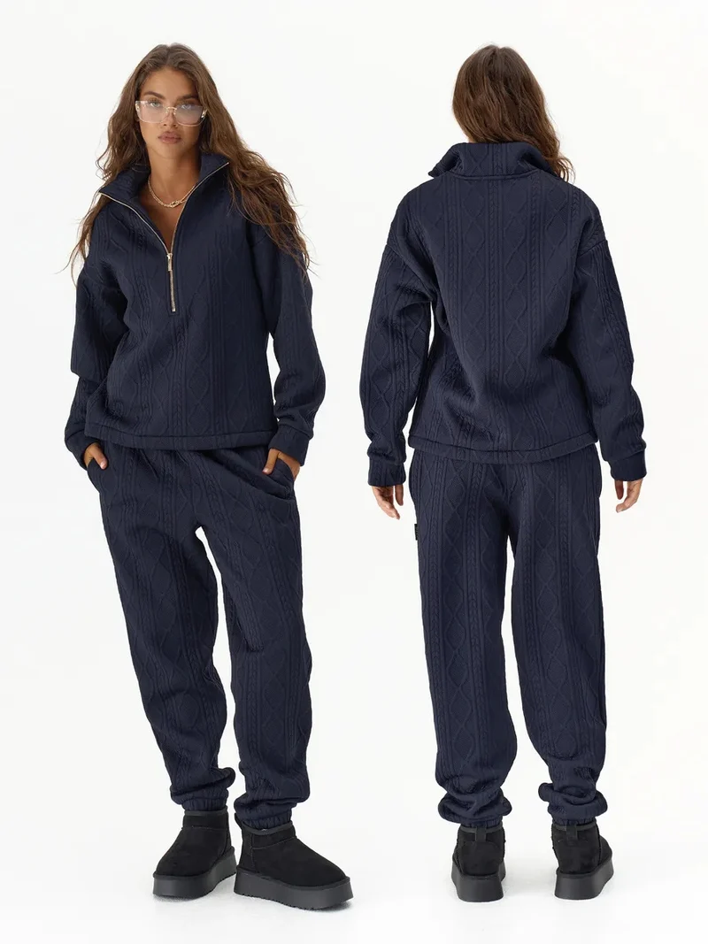 Damen Zopfstrick-Lounge-Set mit halbem Reißverschluss und hochtaillierter Jogginghose Nord Taschen
