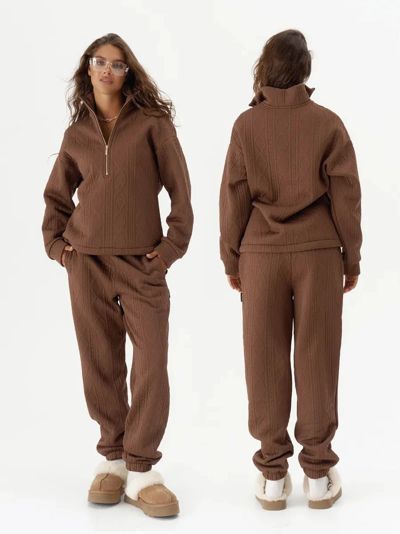 Damen Zopfstrick-Lounge-Set mit halbem Reißverschluss und hochtaillierter Jogginghose Nord Taschen
