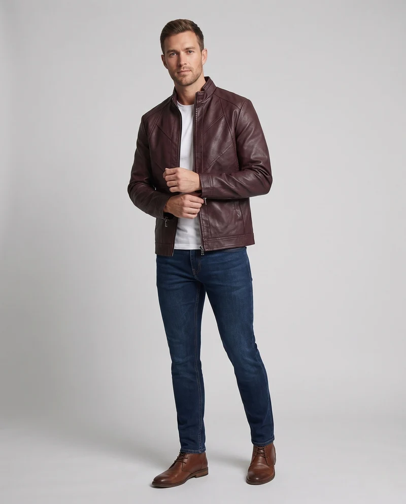 Herren Elegante Kunstlederjacke mit durchgehendem Reißverschluss Nord Taschen