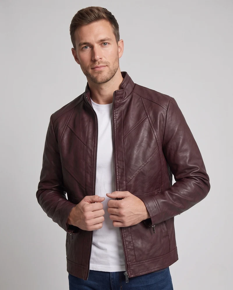 Herren Elegante Kunstlederjacke mit durchgehendem Reißverschluss Nord Taschen