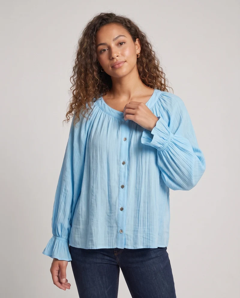 Damen Lose Chiffon Bluse Shirt mit gerafftem Vorderteil, Ballonärmeln und Knopfleiste Nord Taschen