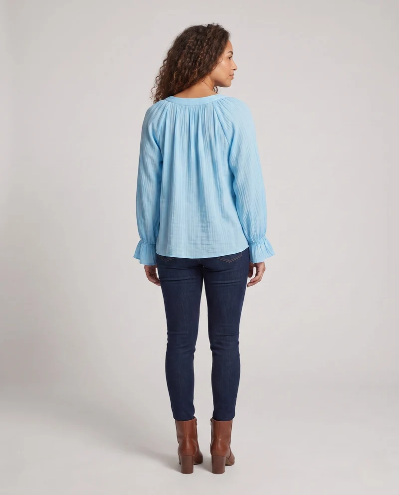 Damen Lose Chiffon Bluse Shirt mit gerafftem Vorderteil, Ballonärmeln und Knopfleiste Nord Taschen