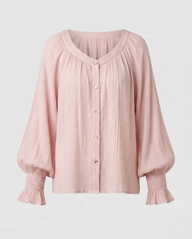 Damen Lose Chiffon Bluse Shirt mit gerafftem Vorderteil, Ballonärmeln und Knopfleiste Nord Taschen
