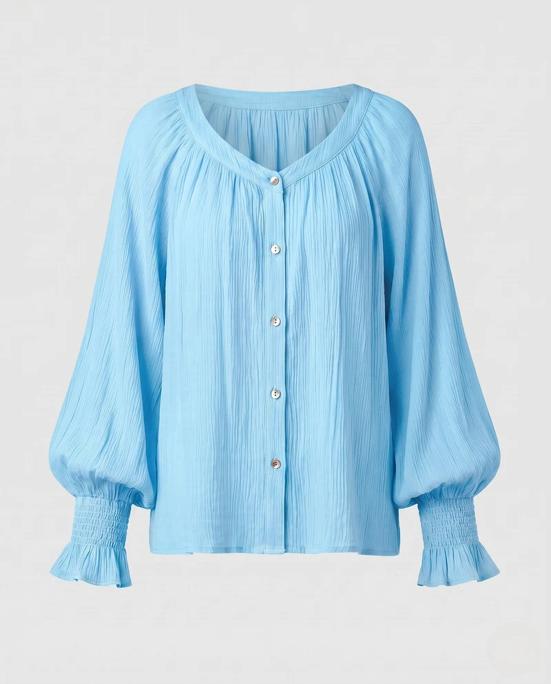 Damen Lose Chiffon Bluse Shirt mit gerafftem Vorderteil, Ballonärmeln und Knopfleiste Nord Taschen