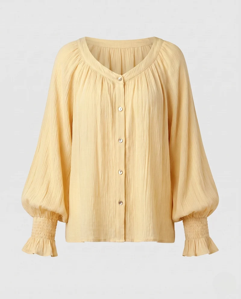 Damen Lose Chiffon Bluse Shirt mit gerafftem Vorderteil, Ballonärmeln und Knopfleiste Nord Taschen
