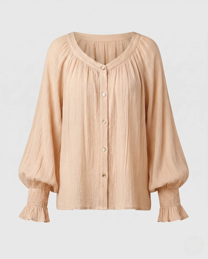 Damen Lose Chiffon Bluse Shirt mit gerafftem Vorderteil, Ballonärmeln und Knopfleiste Nord Taschen