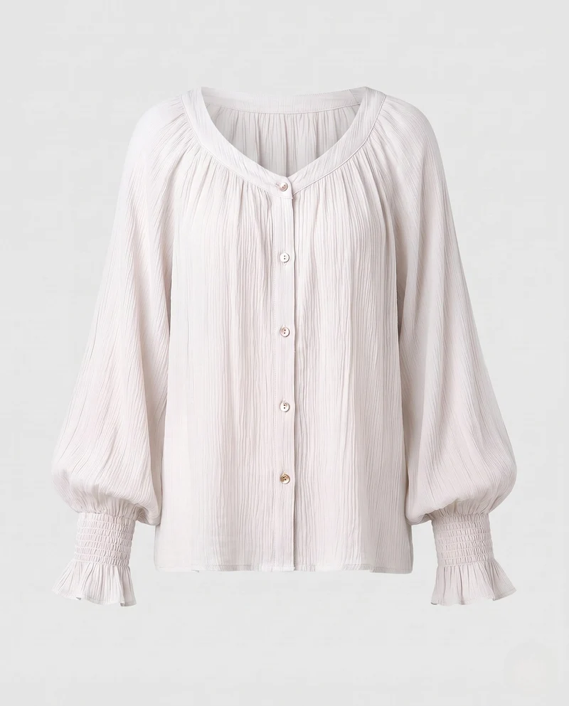 Damen Lose Chiffon Bluse Shirt mit gerafftem Vorderteil, Ballonärmeln und Knopfleiste Nord Taschen