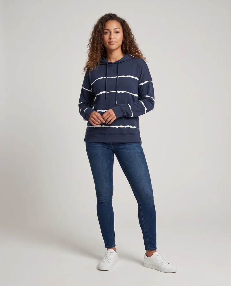 Damen Lose Hoodie Sweatshirt im Used Streifen-Look mit Kängurutasche Nord Taschen