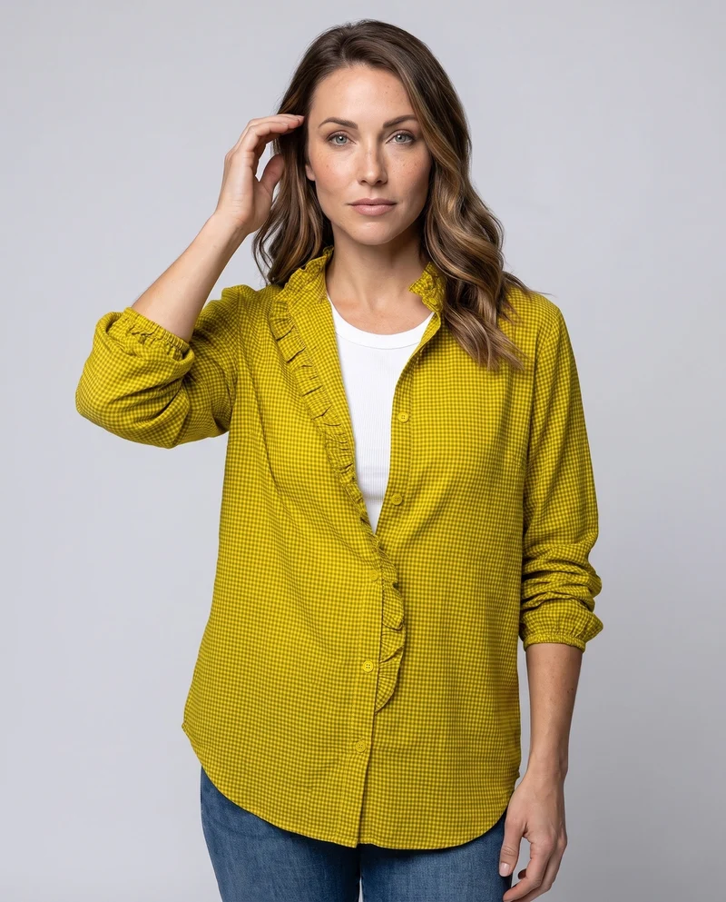 Damen locker geschnittene Vichy-Bluse mit Rüschkragen Nord Taschen
