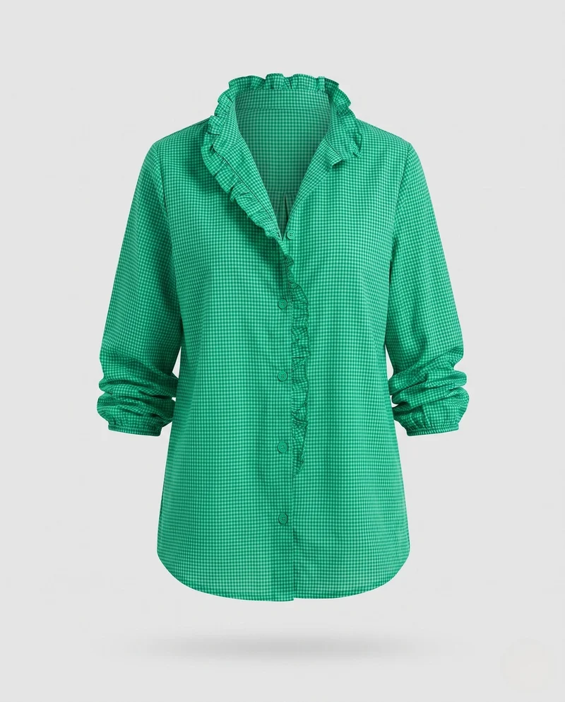 Damen locker geschnittene Vichy-Bluse mit Rüschkragen Nord Taschen