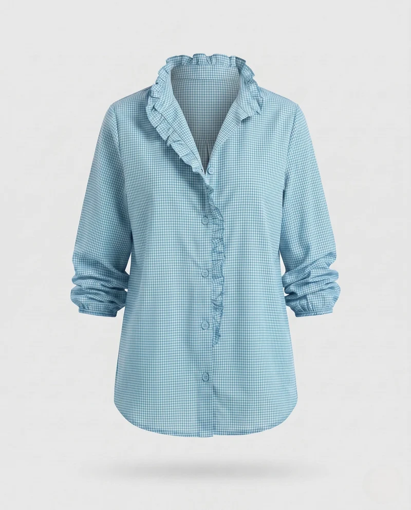 Damen locker geschnittene Vichy-Bluse mit Rüschkragen Nord Taschen