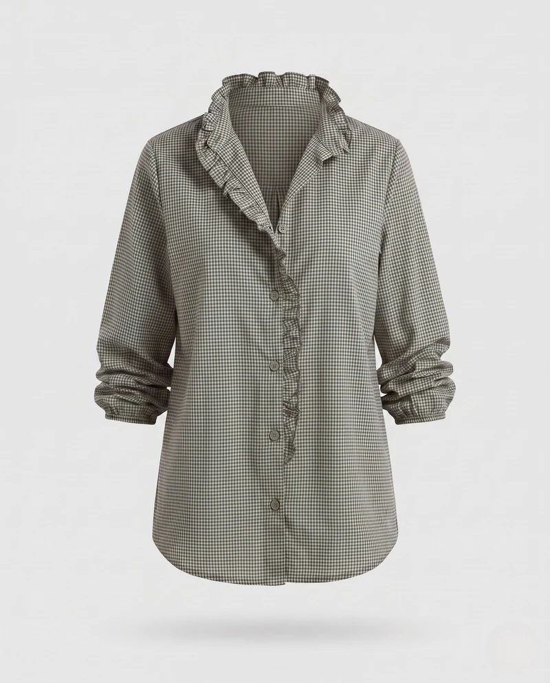 Damen locker geschnittene Vichy-Bluse mit Rüschkragen Nord Taschen