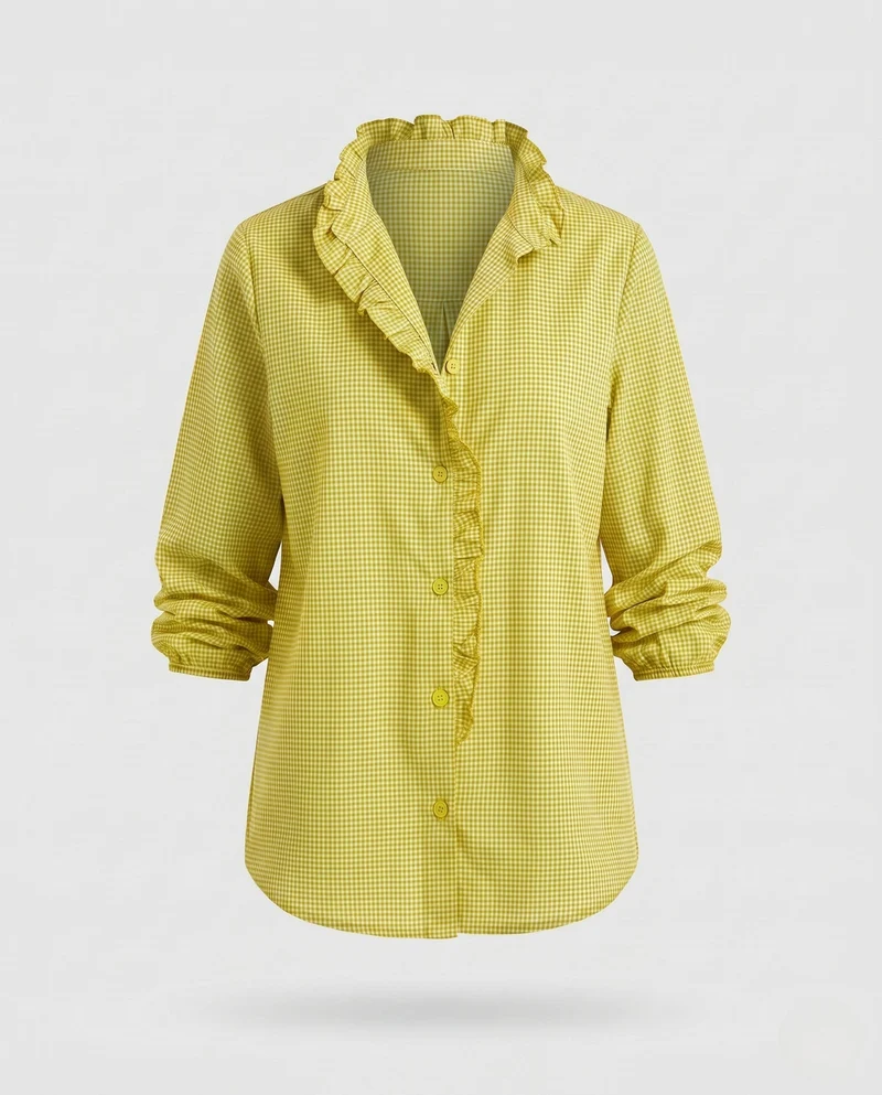 Damen locker geschnittene Vichy-Bluse mit Rüschkragen Nord Taschen