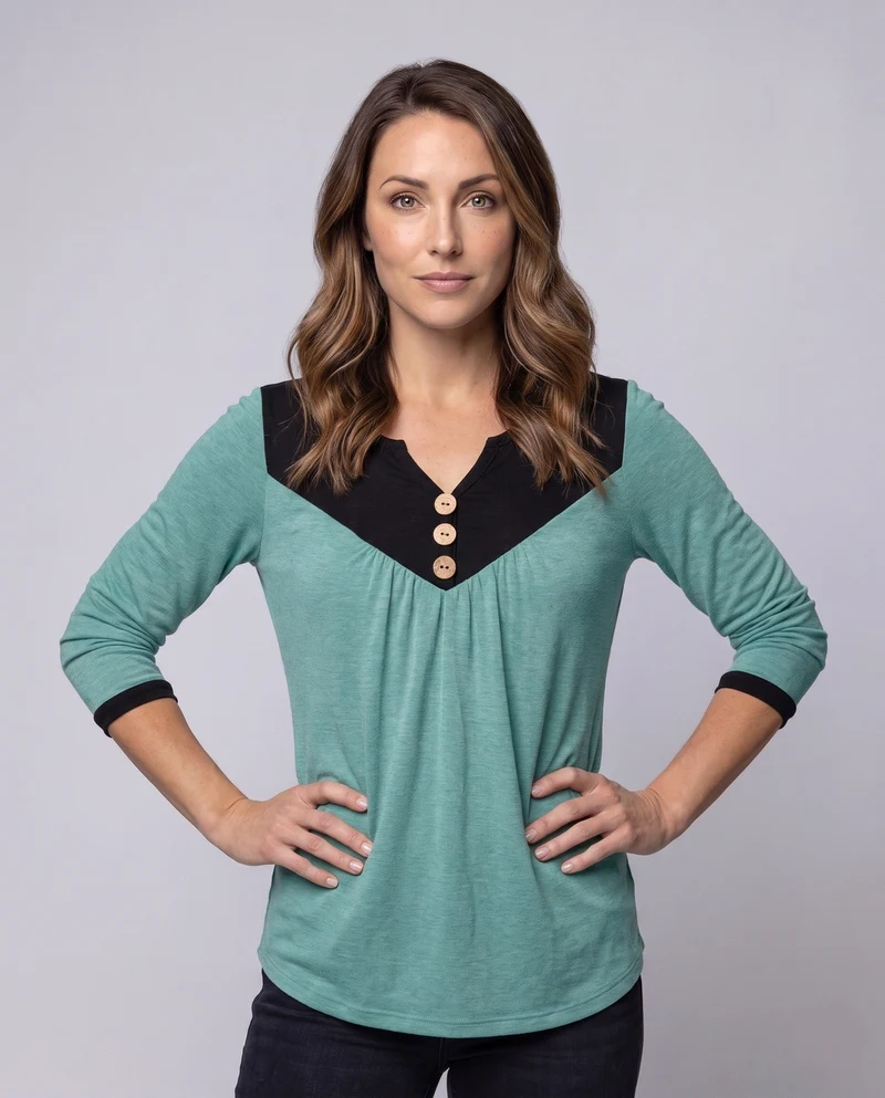 Damen Lockeres V-Ausschnitt Tunika Langarmshirt mit Kontrastpasse und Dekorativen Knöpfen Nord Taschen