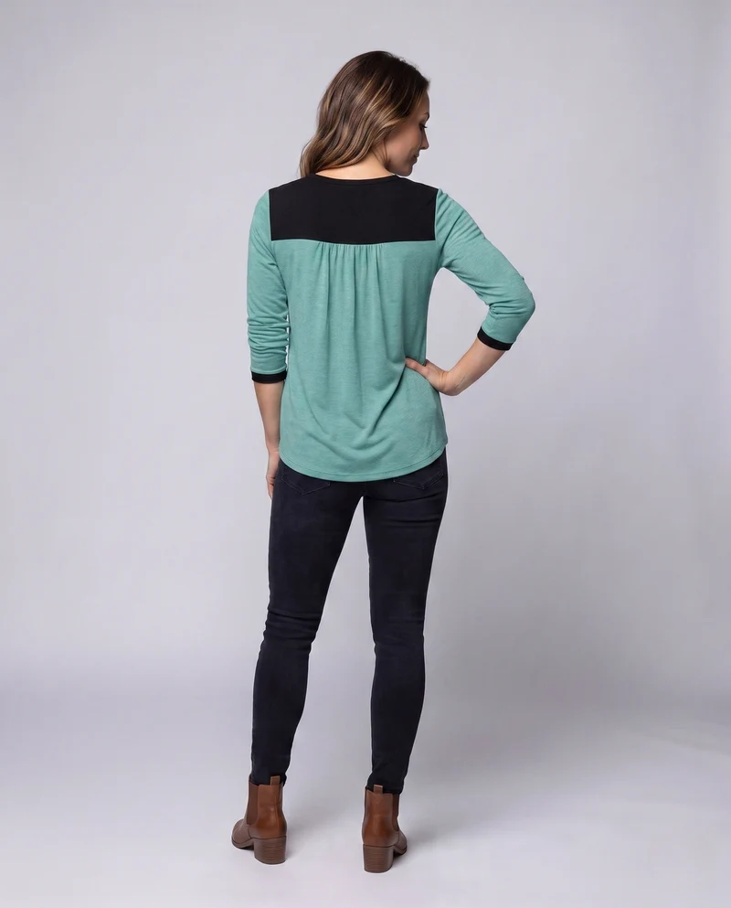 Damen Lockeres V-Ausschnitt Tunika Langarmshirt mit Kontrastpasse und Dekorativen Knöpfen Nord Taschen