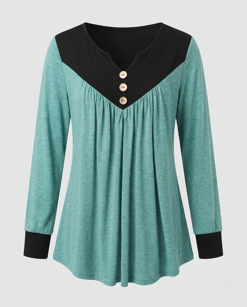 Damen Lockeres V-Ausschnitt Tunika Langarmshirt mit Kontrastpasse und Dekorativen Knöpfen Nord Taschen