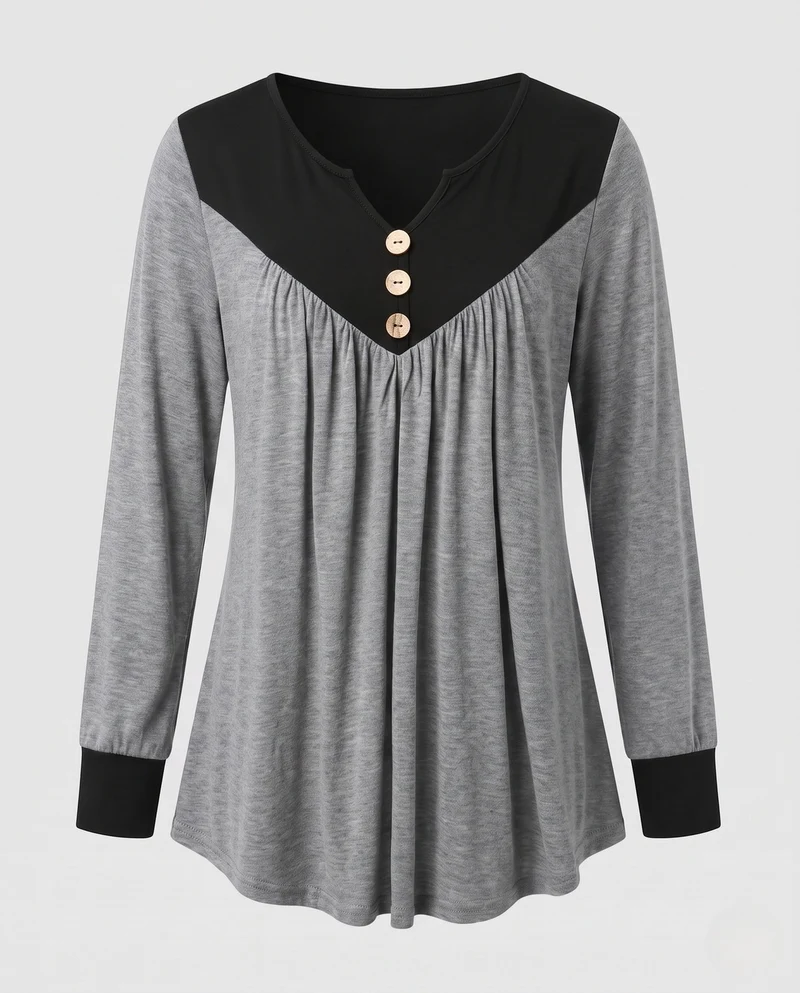 Damen Lockeres V-Ausschnitt Tunika Langarmshirt mit Kontrastpasse und Dekorativen Knöpfen Nord Taschen