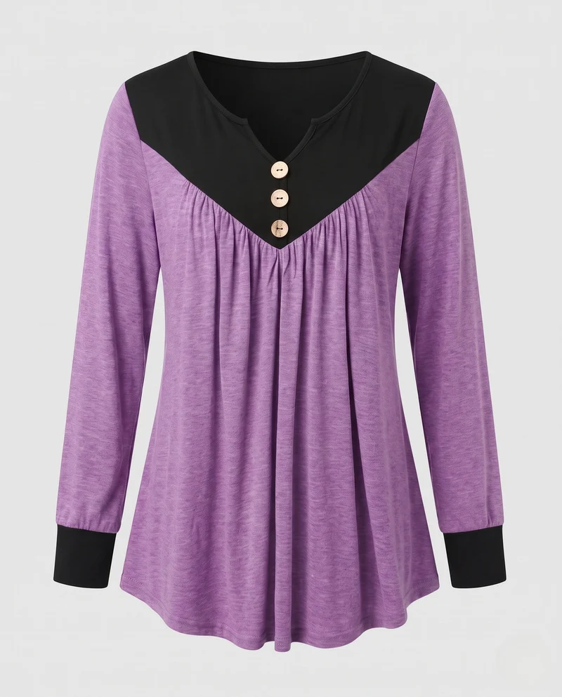 Damen Lockeres V-Ausschnitt Tunika Langarmshirt mit Kontrastpasse und Dekorativen Knöpfen Nord Taschen