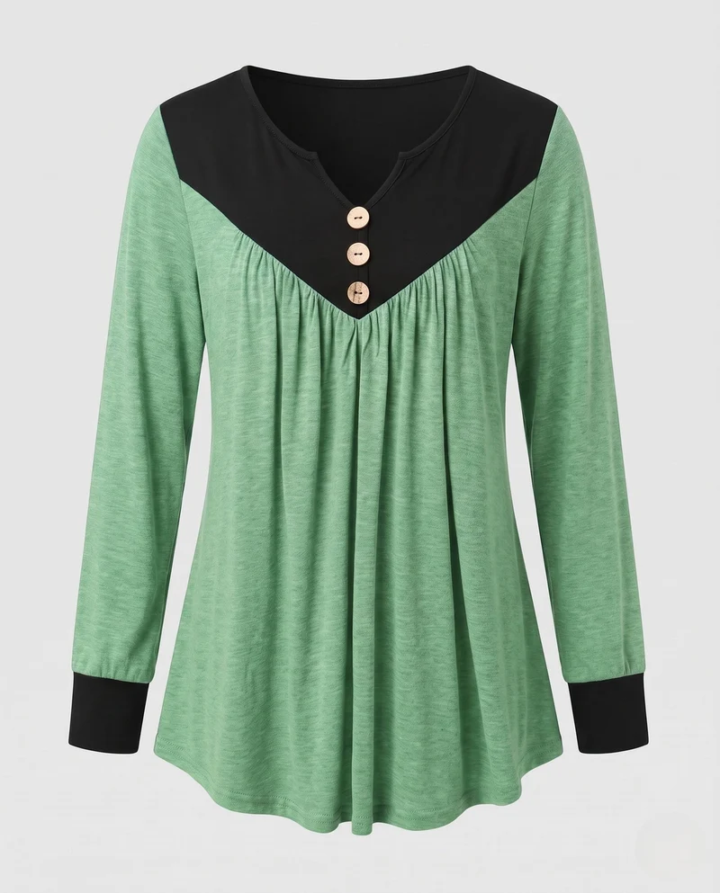 Damen Lockeres V-Ausschnitt Tunika Langarmshirt mit Kontrastpasse und Dekorativen Knöpfen Nord Taschen