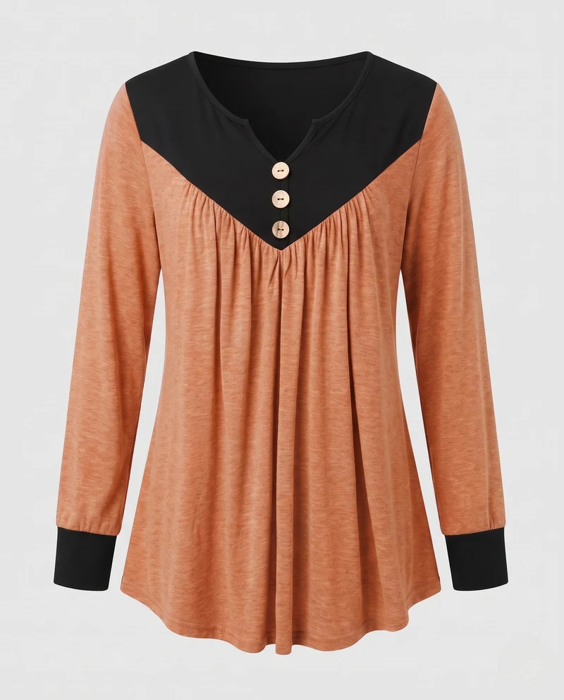 Damen Lockeres V-Ausschnitt Tunika Langarmshirt mit Kontrastpasse und Dekorativen Knöpfen Nord Taschen