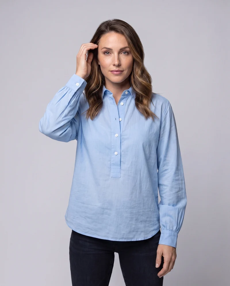 Damen Leinen Tunika Bluse im Oversized-Stil mit halbem Knopfverschluss und Manschetten Nord Taschen