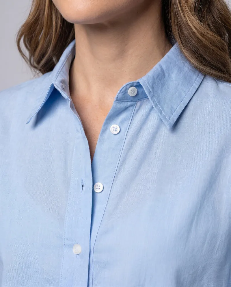 Damen Leinen Tunika Bluse im Oversized-Stil mit halbem Knopfverschluss und Manschetten Nord Taschen
