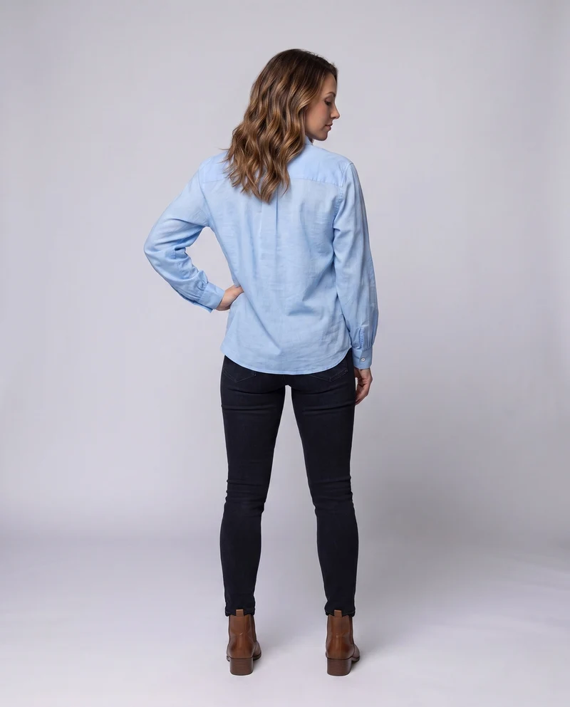 Damen Leinen Tunika Bluse im Oversized-Stil mit halbem Knopfverschluss und Manschetten Nord Taschen