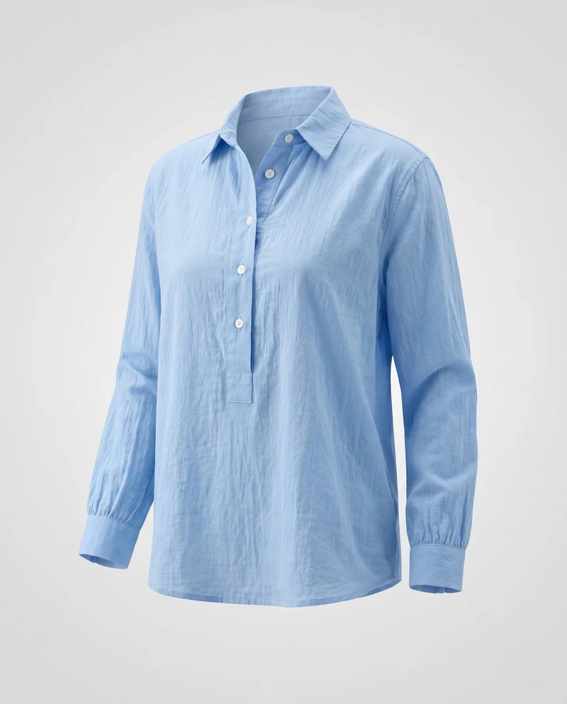 Damen Leinen Tunika Bluse im Oversized-Stil mit halbem Knopfverschluss und Manschetten Nord Taschen
