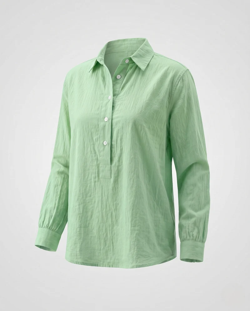 Damen Leinen Tunika Bluse im Oversized-Stil mit halbem Knopfverschluss und Manschetten Nord Taschen
